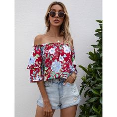 с оборками Цветочный Бохо Блузы Shein