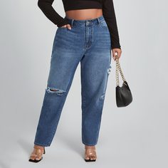 Разрезы Одноцветный Джинсы размер плюс Shein