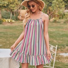 Платье на бретельках с узлом сзади в полоску Shein