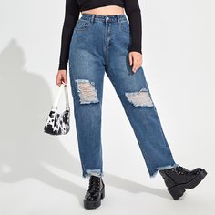 на пуговицах Одноцветный Джинсы размер плюс Shein