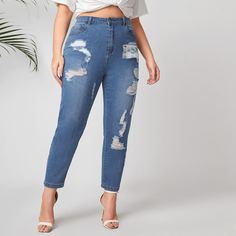 Рваные джинсы размера плюс с высокой талией Shein