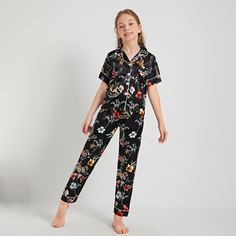 Атласная пижама с цветочным принтом и лацканами для девочек Shein