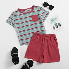 Шорты и футболка в полоску с карманом для мальчиков Shein