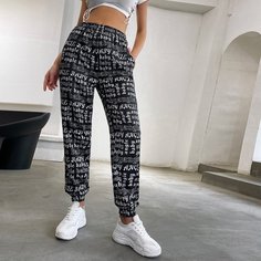 Брюки с текстовым и эластичной талией Shein