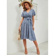 с поясом цветочный Бохо Платье Shein