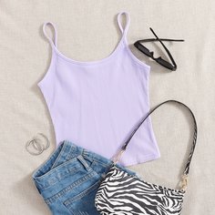 Однотонный трикотажный топ на подтяжках в рубчик Shein