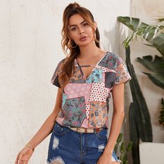 с разрезом сводка цветных блоков Бохо Блузы Shein