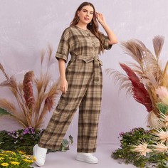 Однобортный комбинезон в клетку с поясом размера плюс Shein