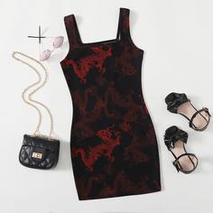 Облегающее платье с китайским драконом для девочек Shein