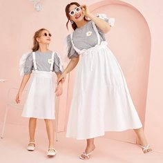 1шт Юбка на лямках со сборками для девочек без топа Shein