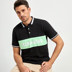 Мужская контрастная рубашка-поло с текстовым принтом Shein