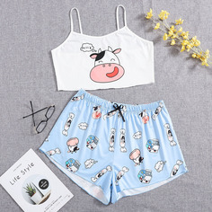 с бантом Мультяшный принт милый Пижама размер плюс Shein