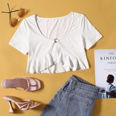 С оборками Одноцветный Повседневный Женские топы Shein