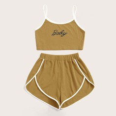 Пижама из ребристого трикотажа на бретелях с текстовым принтом Shein