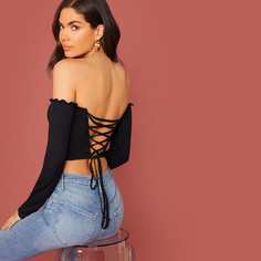 Трикотажный короткий топ с открытыми плечами Shein