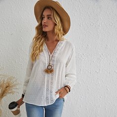 Контрастные кружева Одноцветный Бохо Блузы Shein