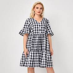 С оборками Клетчатый Повседневный Платья размер плюс Shein