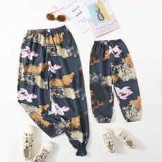 Оборка Цветочный Повседневный Брюки Shein