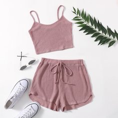 Вязаная кроп майка и шорты с узлом Shein