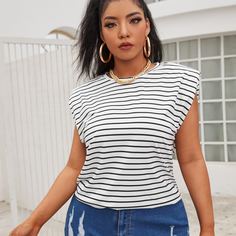 Полосатый Повседневный Футболка размера плюс Shein