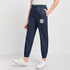 Брюки с текстовым и цветочным принтом для девочек Shein