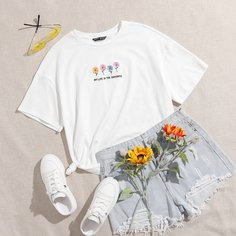 Футболка со спущенным рукавом и вышивкой Shein