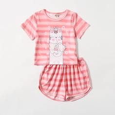 Пижама в полоску с мультипликационным рисунком для девочек Shein