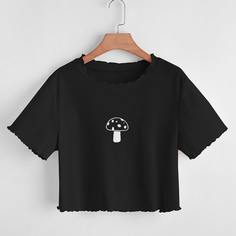 Кроп-футболка размера плюс с вышивкой грибами и волнистым краем Shein