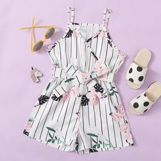 Комбинезон на бретелях с цветочным принтом и поясом для девочек Shein