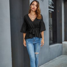 Топ с поясом и рукавами фонариками Shein