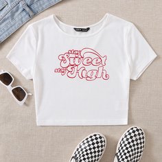 Вязаная футболка в рубчик с текстовым принтом Shein
