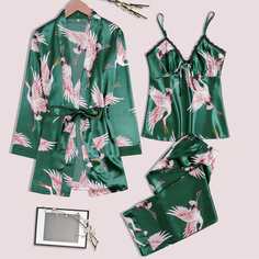 Атласная пижама с графическим принтом и халат с поясом 3шт Shein