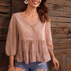 С оборками Одноцветный Бохо Блузы Shein
