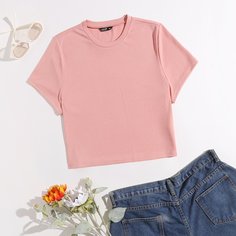 Одноцветный Повседневный Футболка размера плюс Shein