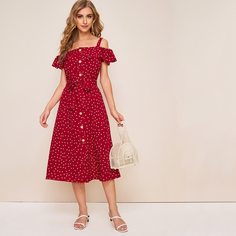 Платье в горошек с пуговицами и поясом Shein