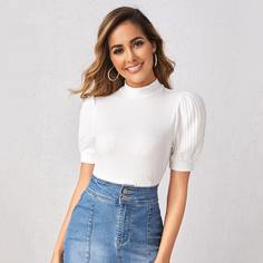 Вязаный ребристый топ с оригинальным рукавом и воротником-стойка Shein