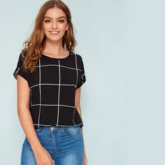 Блуза С Коротким Рукавом В Крупную Клетку Shein
