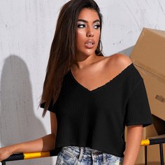 Однотонная трикотажная короткая футболка Shein