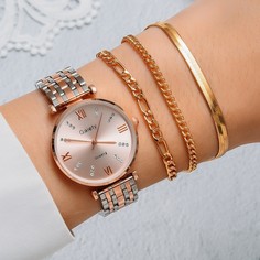 1шт круглые стрелочные кварцевые часы со стразами и 3шт браслет Shein