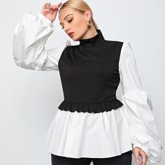 Контрастный топ размера плюс с рукавами фонариками Shein