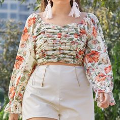 со сборками Цветочный Бохо Блузы размер плюс Shein