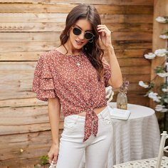 с оборками цветочный Бохо Блузы Shein