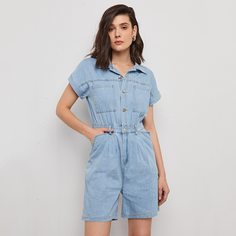 Джинсовый комбинезон-рубашка с карманом Shein