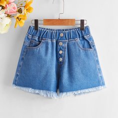 Необработанный низ Одноцветный Джинсовые шорты для девочек Shein