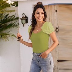 Однотонная футболка с пышным рукавом Shein