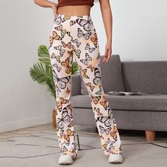 Брюки-клеш с принтом бабочки Shein