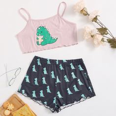 Пижама на бретельках с принтом динозавра Shein