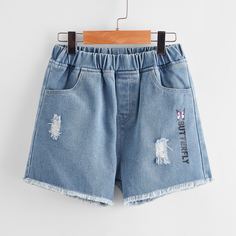 Рваные джинсовые шорты с принтом бабочки для девочек Shein