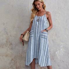 Асимметричное платье на бретельках в полоску с карманами Shein