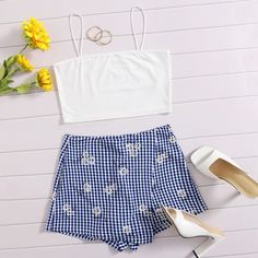 Майка и юбка-шорты в клетку с цветочным принтом Shein